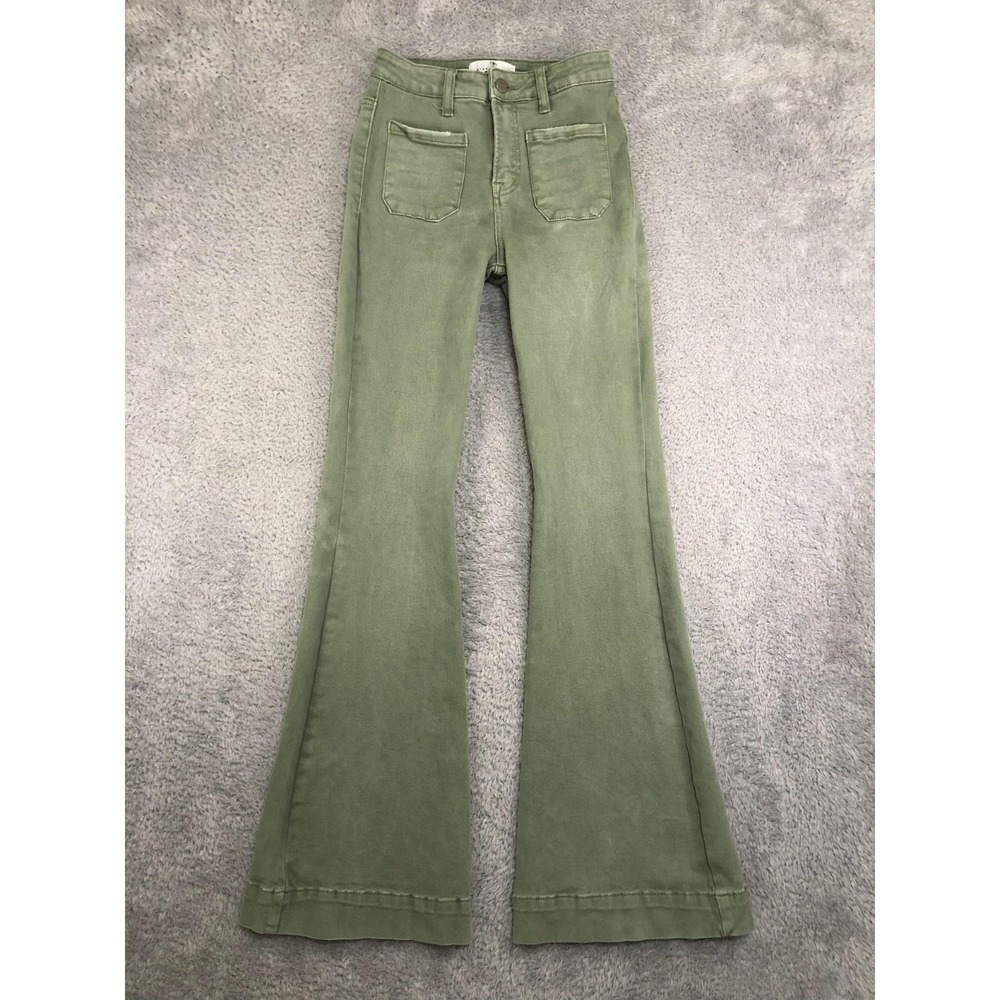 Risen Jeans Women's 1 (24x33) Green Flare Bell Bottom Mid Rise Patch Pocket